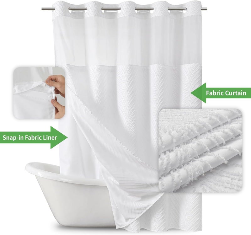 eachope No Hook Shower Curtain and Liner Set,No Hook Tufted Striped Textured Shower Curtain with Snap in Liner Replacement and Waterproof Fabric,Boho Style with See Through Top Window,White,71Wx74H - Image 2